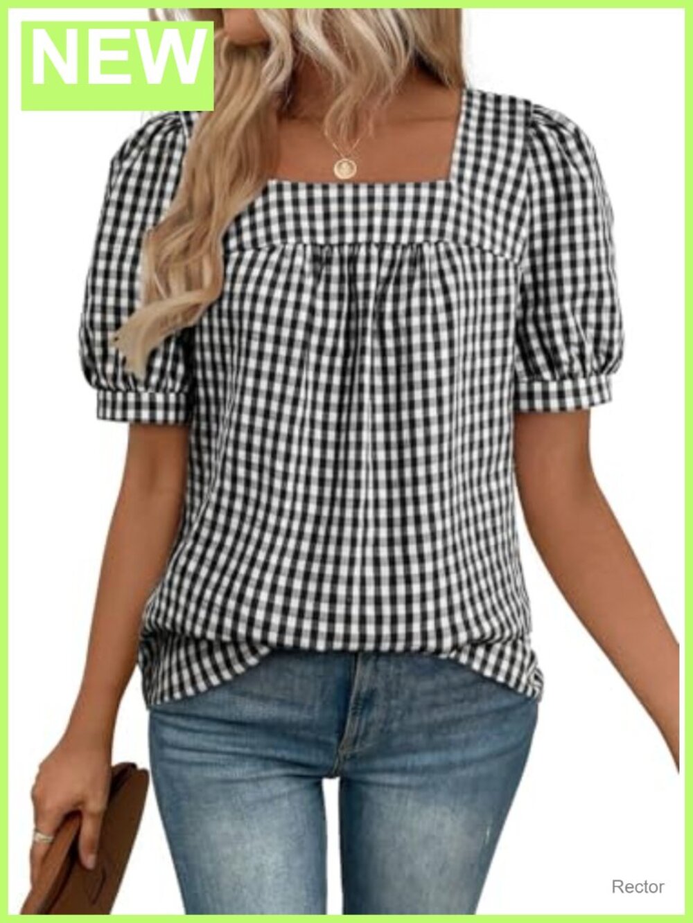Womens Gingham Top Short Sleeve Square Neck Cotton Blouse Tunic